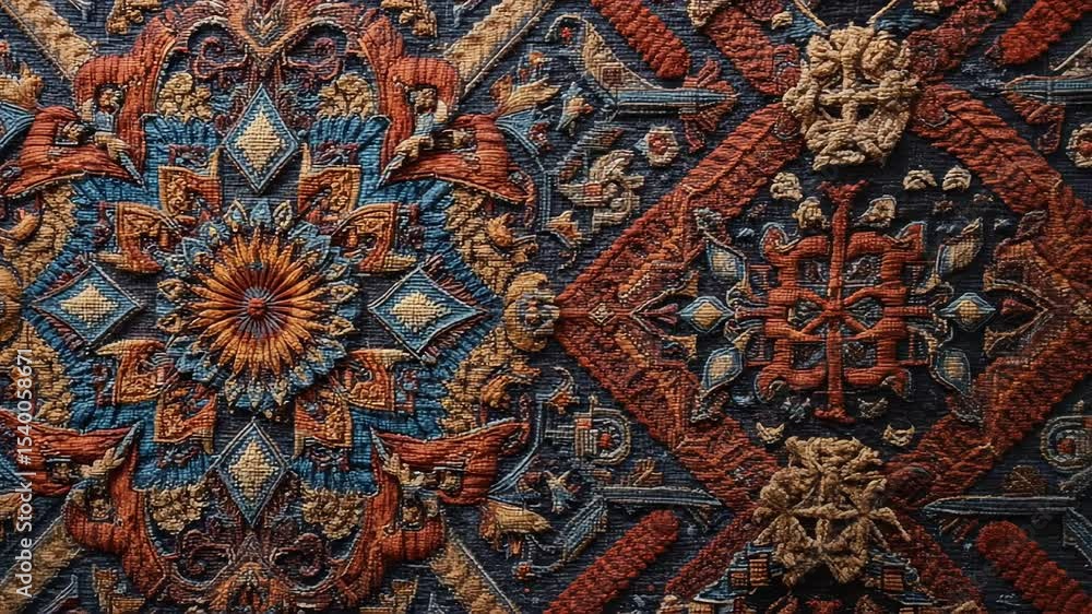 Intricate Textile Pattern Video: Close-Up of Woven Floral and Geometric Designs in Blue, Orange, and Brown Intricate Textile Pattern Video: Close-Up of Woven Floral and Geometric Designs in Blue, Orange, and Brown