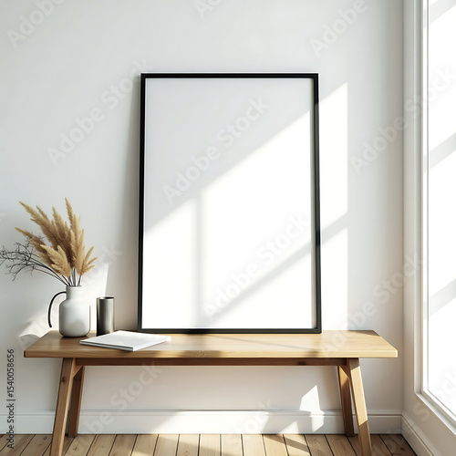 Blank poster mockup on wooden bench in minimalist room