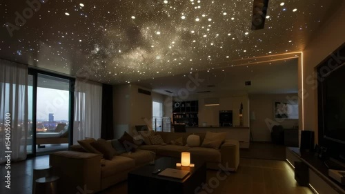 Modern spacious living room with starry ceiling