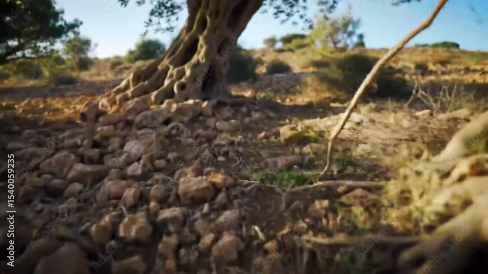 Ancient Olive Tree Roots On Dry Terrain Under Bright Daylight Ancient Olive Tree Roots On Dry Terrain Under Bright Daylight