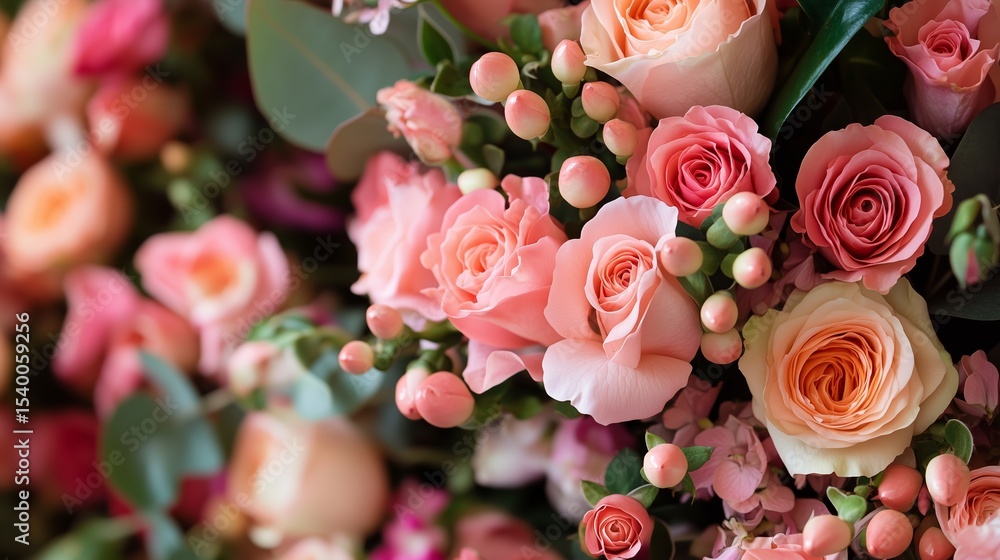 Fototapeta premium Beautiful display of pink roses and delicate blooms in a floral arrangement for a special occasion