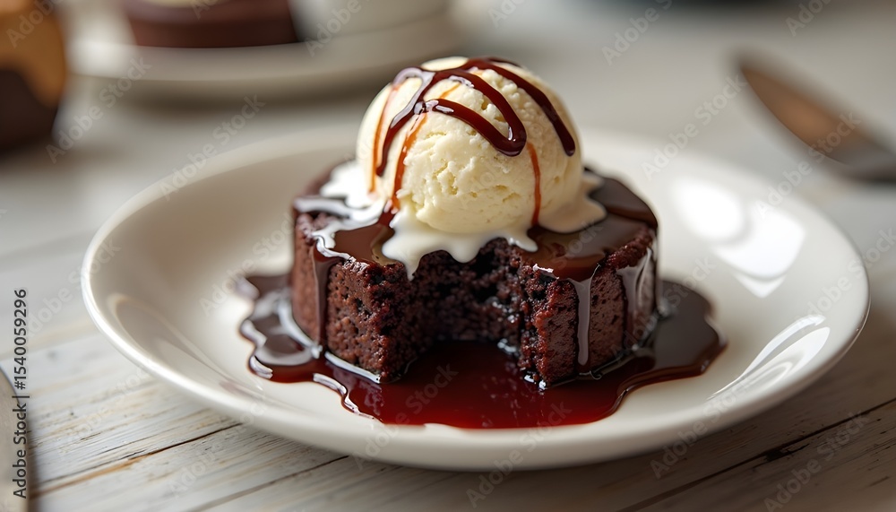 Small round chocolate lava cake with vanilla ice cream on top, drizzled in fudge sauce and melting into the center of its white plate Small round chocolate lava cake with vanilla ice cream on top, drizzled in fudge sauce and melting into the center of its white plate