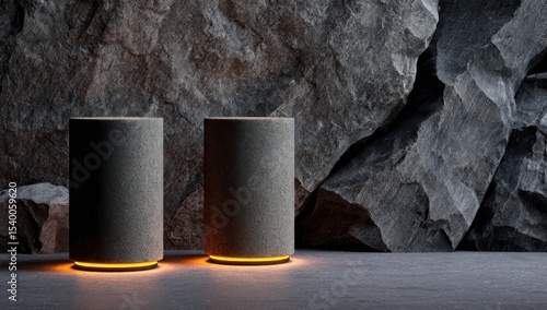 Two gray cylindrical pedestals, lit from below by an orange glow, stand before a backdrop of large gray rocks