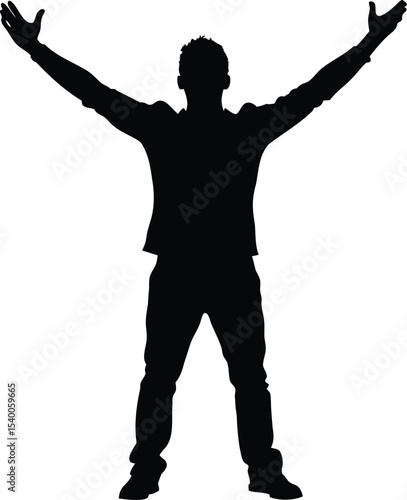 Silhouette of a man standing with arms raised in triumph and joy