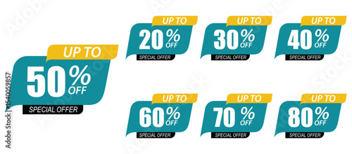 Sale tag speech bubble red shape with different discount set. 10, 20, 30, 40, 50, 60, 70 and 80 percent price clearance sticker badge. Vector illustration on white background.