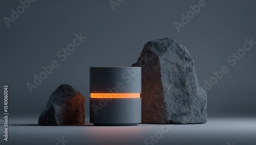 Gray cylinder with orange light, surrounded by rocks on a plain background