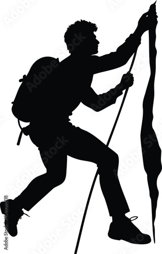 Silhouette of a determined hiker reaching the summit with trekking poles