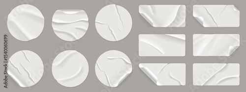 Wrinkled round stickers. Crumpled texture circle paper labels with adhesive glued tape, realistic round rectangle wrinkle sticker badges mockup for sale price. Vector isolated set