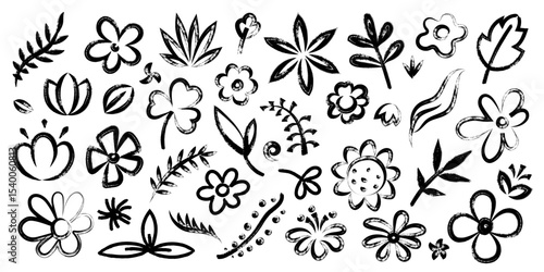 Hand drawn brush flower. Floral ink sketch elements, grunge doodle floristic stroke silhouettes, simple spring blossom plants. Vector isolated set