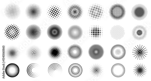 Halftone circles. Black dotted round shapes for retro graphic design, monochrome gradient half tone spot elements modern texture. Vector pop art set