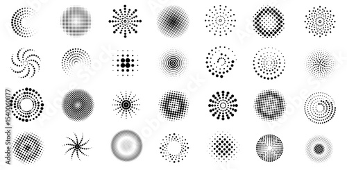 Half tone circle shapes. Dotted round geometric elements, abstract brush dots pop art textures, retro vintage comic splash and dot spray symbols. Vector isolated set