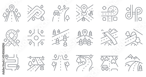 Road line icon. Highway street tunnel bridge, winding road with turn direction arrows, crossroad and roundabout traffic infographics elements. Vector city roads set