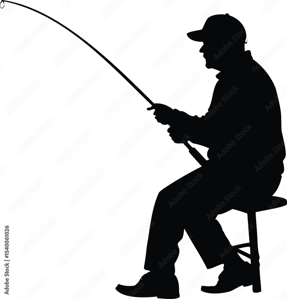 Naklejka premium A man sits fishing on a stool in black silhouette image