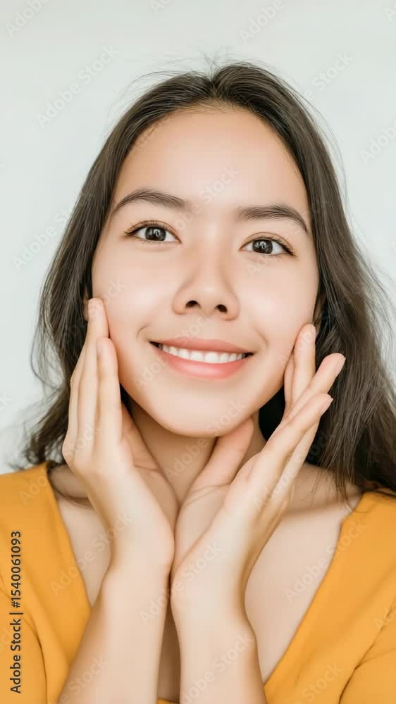 A woman with long hair is wearing a yellow shirt and is touching her face. She has a smile on her face and she is in a good mood A woman with long hair is wearing a yellow shirt and is touching her face. She has a smile on her face and she is in a good mood