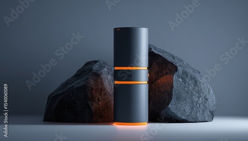 Dark cylinder product, glowing orange accents, beside rocks