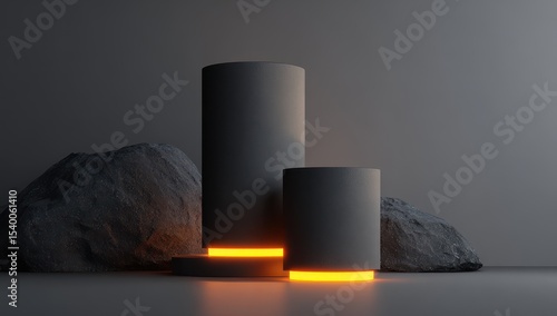 Gray cylinders on lit pedestals, surrounded by rocks