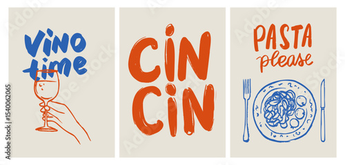 Italian Food Poster With Whimsical Vintage Summer Vibe. Doodle Illustrations Featuring Pasta, Pizza and Wine.