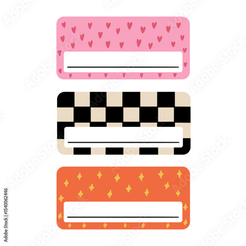 School name tag sticker collection. Cute notebook frame label card. Vector hand drawn illustration