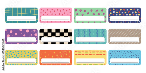 School name tag sticker. Cute notebook frame label card. Vector hand drawn illustration