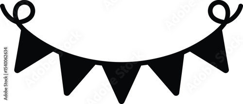 A simple black and white illustration of a string of pennant flags hanging from a curved line with ties