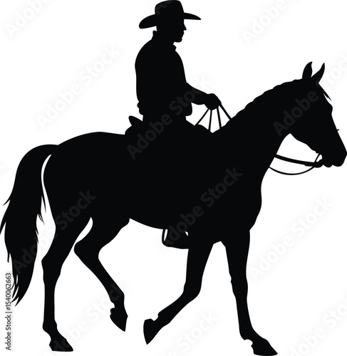 Silhouette of a cowboy riding a horse against a white background