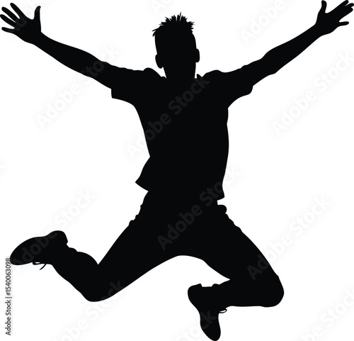 Silhouette of a joyous man jumping with arms outstretched in celebration against white backdrop