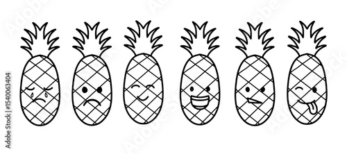 Cartoon pineapple emotions set vector. Cute pineapple face expressions illustration. Kawaii fruit moods