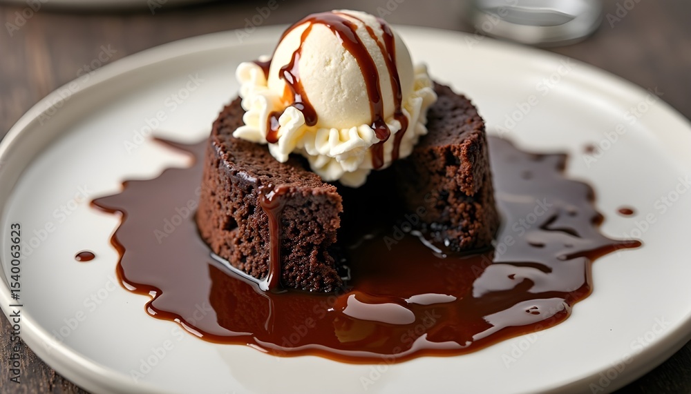 Small round chocolate lava cake with vanilla ice cream on top, drizzled in fudge sauce and melting into the center of its white plate Small round chocolate lava cake with vanilla ice cream on top, drizzled in fudge sauce and melting into the center of its white plate