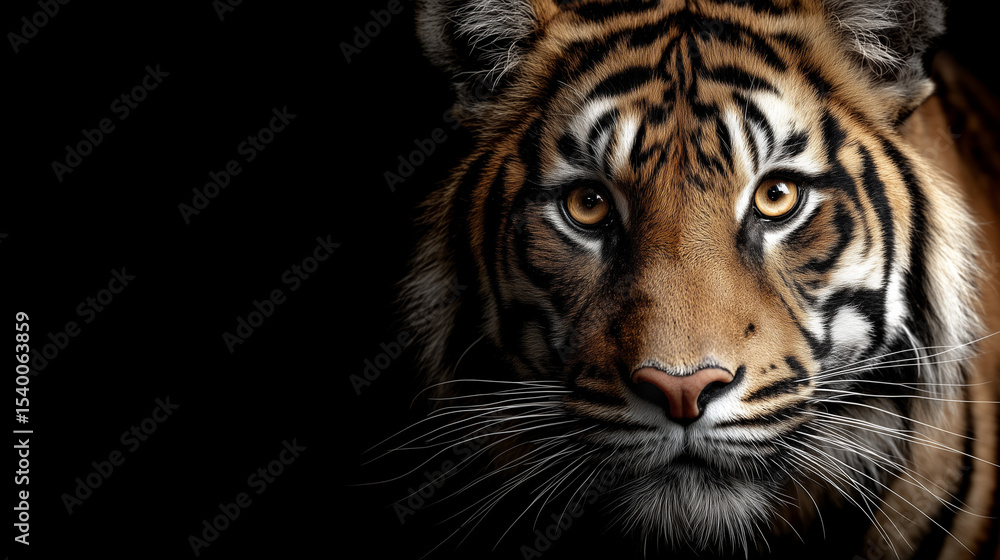 Fototapeta premium Stunning Close-Up of Bengal Tiger Face with Piercing Eyes on Black Background for Global Tiger Day Awareness