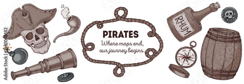 Pirate border. Hand drawn cartoon style vector. Old sea map template with nautical elements. Ideal for pirate party invitations, labels, and design projects.