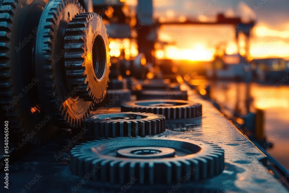 Close-up of metal gears, sunset background Close-up of metal gears, sunset background