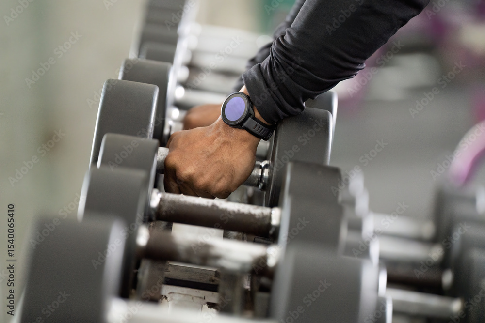 Fitness Training. Close-up of a person adjusting dumbbells in a gym. Fitness Training. Close-up of a person adjusting dumbbells in a gym.