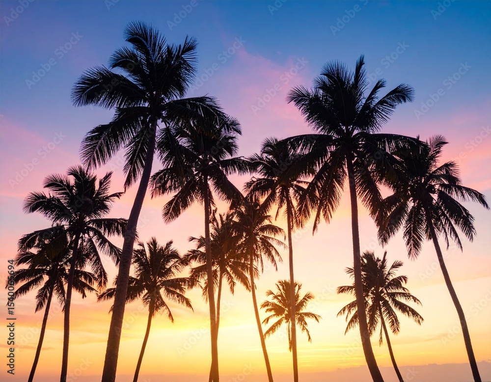 Obraz premium tropical palm tree silhouettes against pastel sunset sky over calm beach