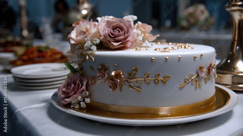 Fototapeta premium Elegant wedding cake decoration banquet hall food photography festive atmosphere close-up culinary art