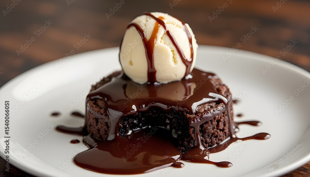 Small round chocolate lava cake with vanilla ice cream on top, drizzled in fudge sauce and melting into the center of its white plate Small round chocolate lava cake with vanilla ice cream on top, drizzled in fudge sauce and melting into the center of its white plate