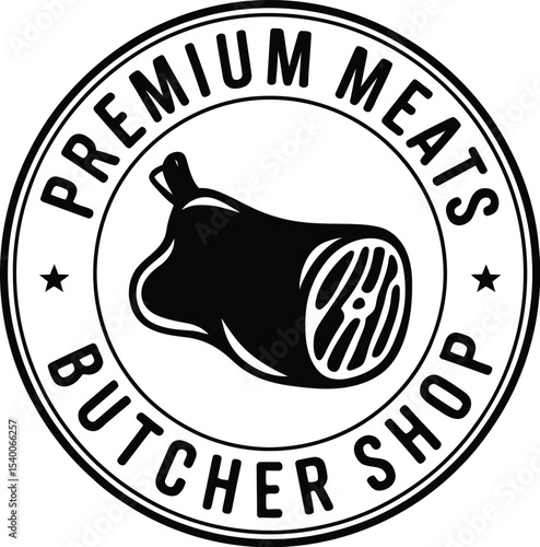 Premium meats butcher shop logo with meat cut in a circle with stars on a beige background design