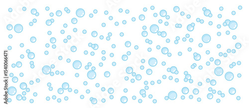 Bubbles vector seamless background with flat line icons. Soap texture. Gentle repeating background pattern of blue bubbles on a white background. Abstract wallpaper with fizzy effect
