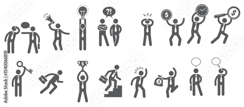 business figures simple stick characters action poses managers bosses working man business conversant