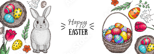 Happy Easter illustration. Cute bunny, easter eggs, flowers and nest hand drawn. Cartoon style illustration.