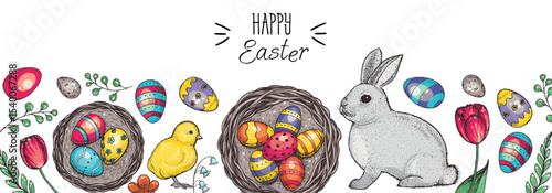 Happy Easter vector illustration. Cute bunny, chicken baby, easter eggs, flowers and nest hand drawn. Cartoon style illustration.