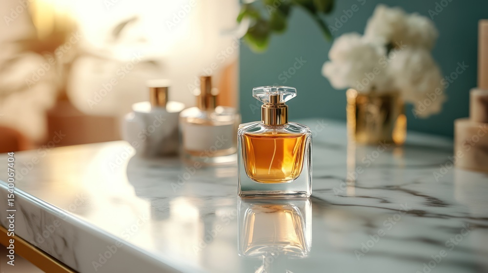 Elegant Perfume Bottle on Marble Table Elegant Perfume Bottle on Marble Table
