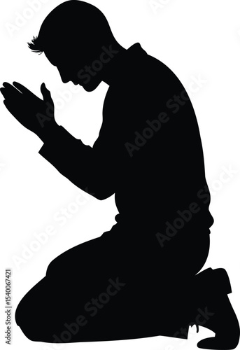 Silhouette of a kneeling man in prayer, isolated on a white background