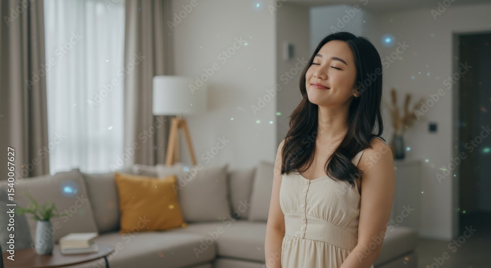 woman enjoying cool fresh air from air conditioner woman enjoying cool fresh air from air conditioner