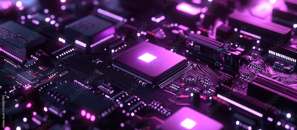 Obraz premium Close-up of a complex electronic circuit board, highlighted in vibrant purple-pink hues