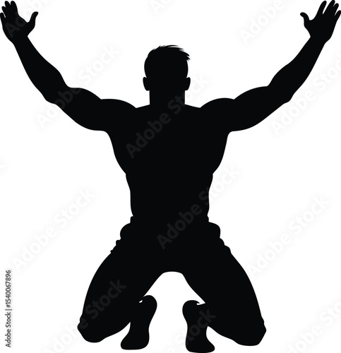 Silhouette of muscular man kneeling with hands raised, expressing prayer or surrender