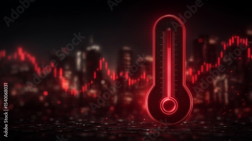 Red glowing thermometer on financial background with candlestick chart indicating overheating economy and critical inflation threshold