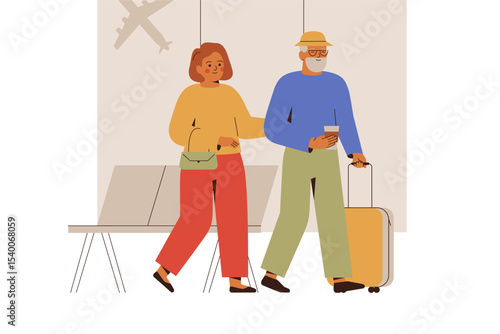 senior couple walk with luggage at the airport. Grandparents with suitcase in the waiting hall departure terminal. Elderly family going to travel on summer holiday. Vector illustration