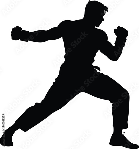Silhouette of a muscular martial artist fighter in fighting stance pose