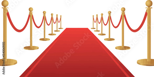 A red carpet with gold stanchions and red velvet ropes on a white background leading to an event