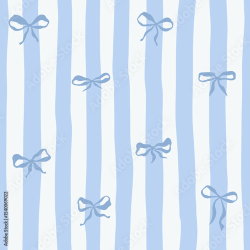 Blue Whimsical Vertical Stripes Bold Color Vector Seamless Pattern, Summer Striped Ribbon Bows Travel Themed Design, Coquette Fabric Textile, Kitchen Decor. Simple Illustration Background